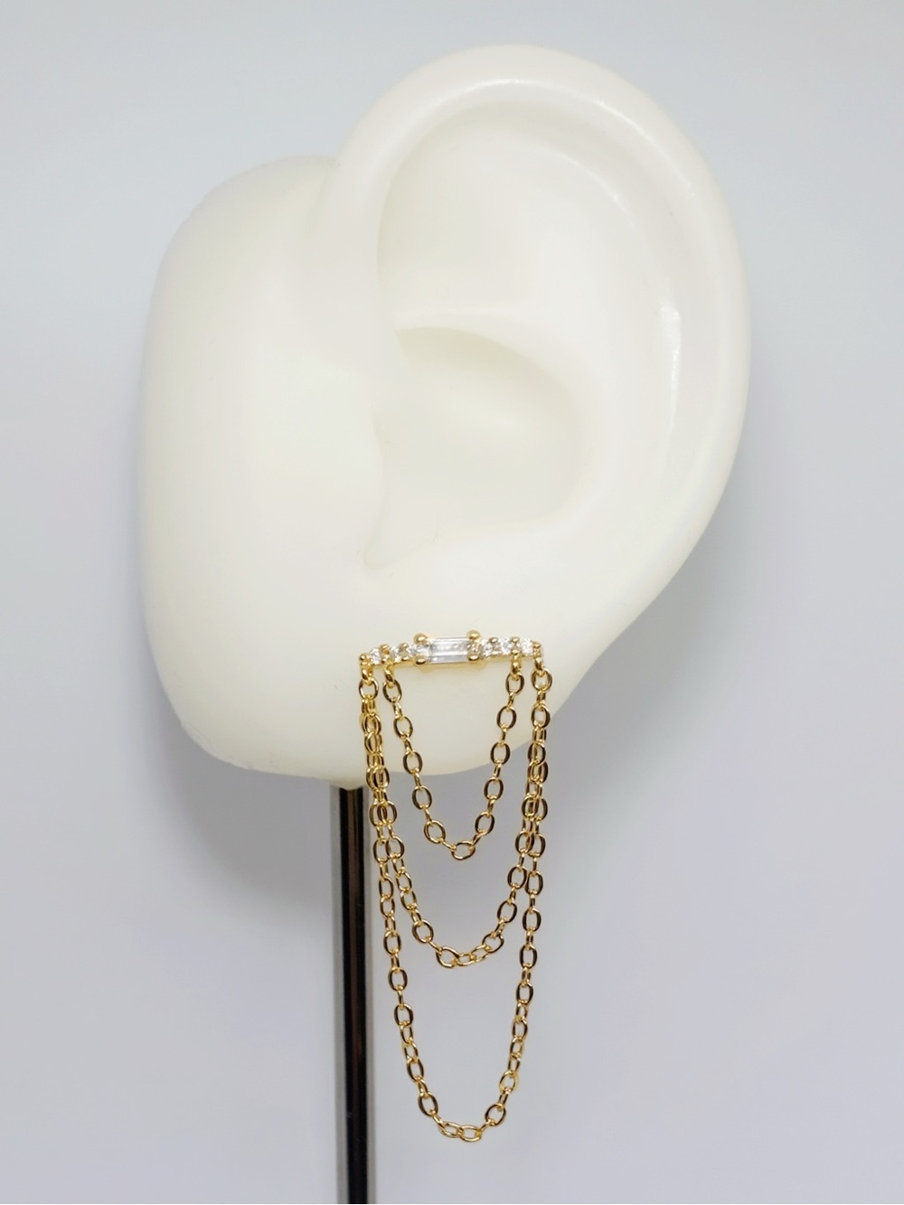 18k Yellow Gold Plated Triple Chain Link Long Hang Zircon Diamond Earrings!